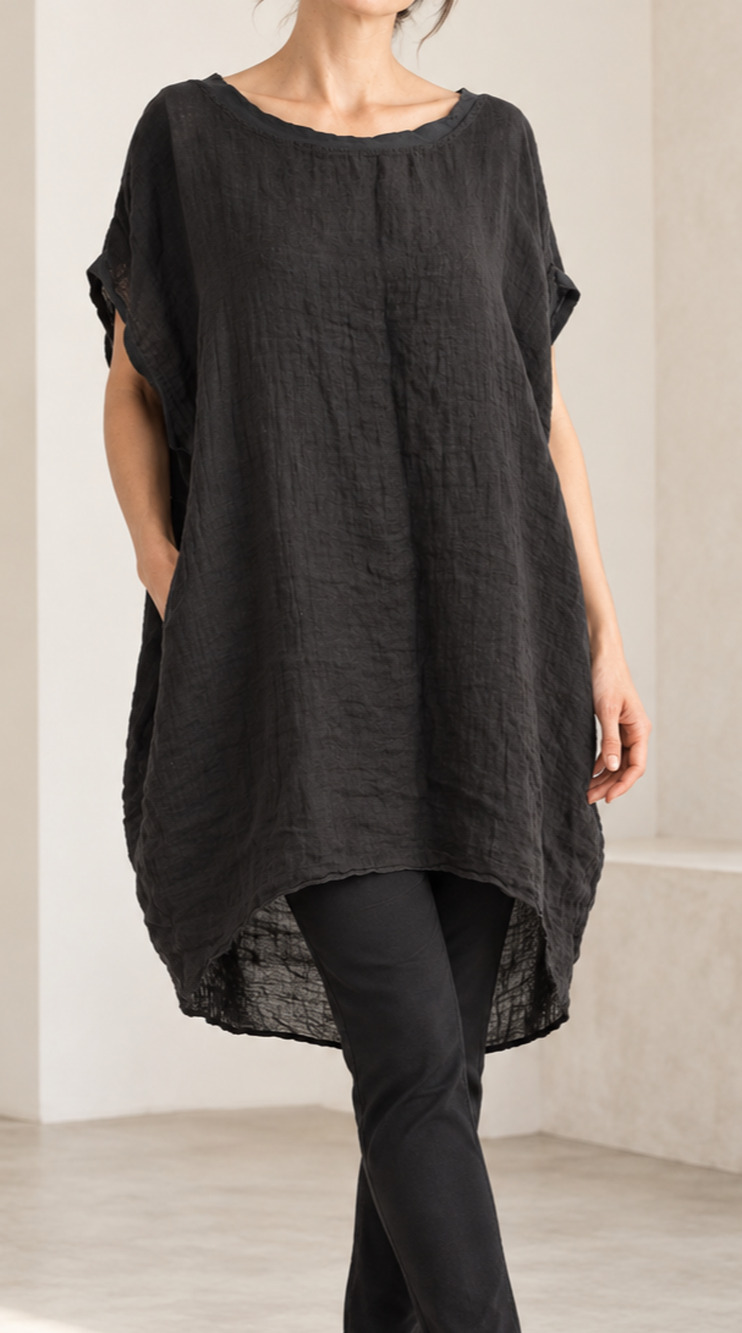 Luna Luz Linen Relaxed Fit Black Tunic Top Mini Dress Size L